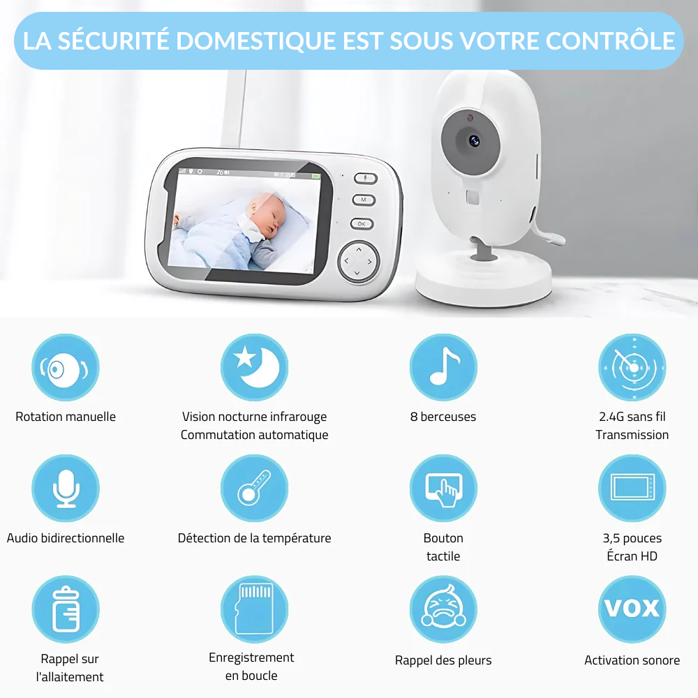 PurBébé DouceNuit : Babyphone vidéo sans onde, vision nocturne HD, veilleuse apaisante