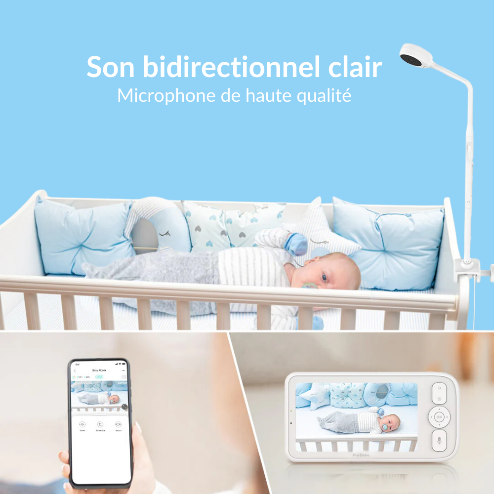 PurBébé PolyVision 4 en 1 : Babyphone connecté Full HD avec fixation multi-positions